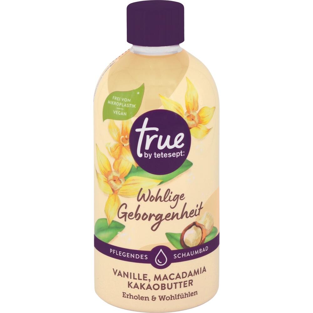 Flasche Schaumbad mit Vanille, Macadamia und Kakaobutter, frei von Mikroplastik.