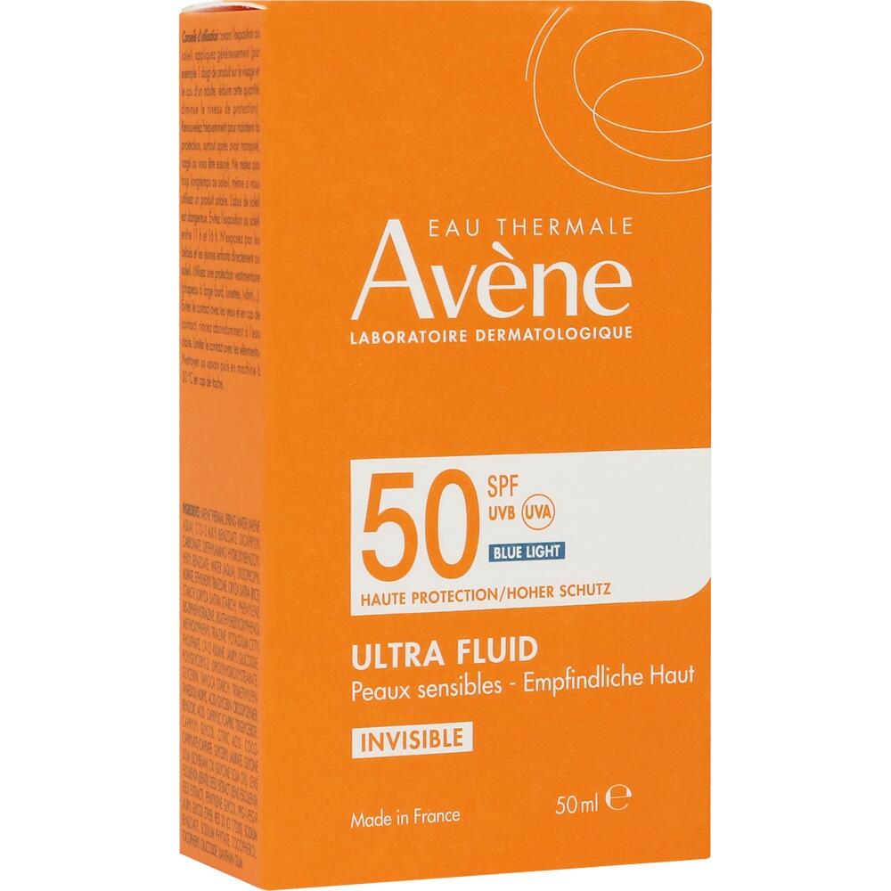 Orange Verpackung von Av&egrave;ne Sonnenschutz mit Lichtschutzfaktor 50 f&uuml;r empfindliche Haut.