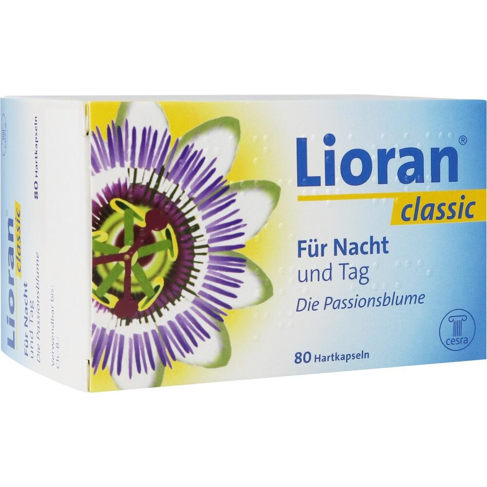 Eine Packung Lioran classic Kapseln mit Passionsblumenmotiv.