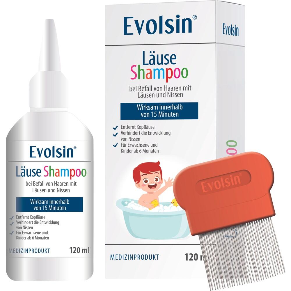 Flasche und Verpackung eines L&auml;use-Shampoos mit Kamm f&uuml;r Kinder ab sechs Monaten.