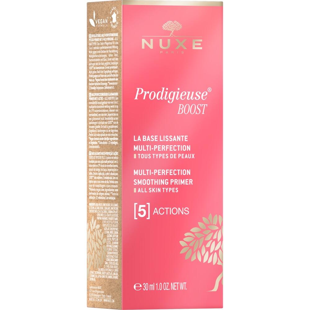 Rosa Schachtel mit Aufschrift: Nuxe Prodigieuse Boost Primer f&uuml;r alle Hauttypen.