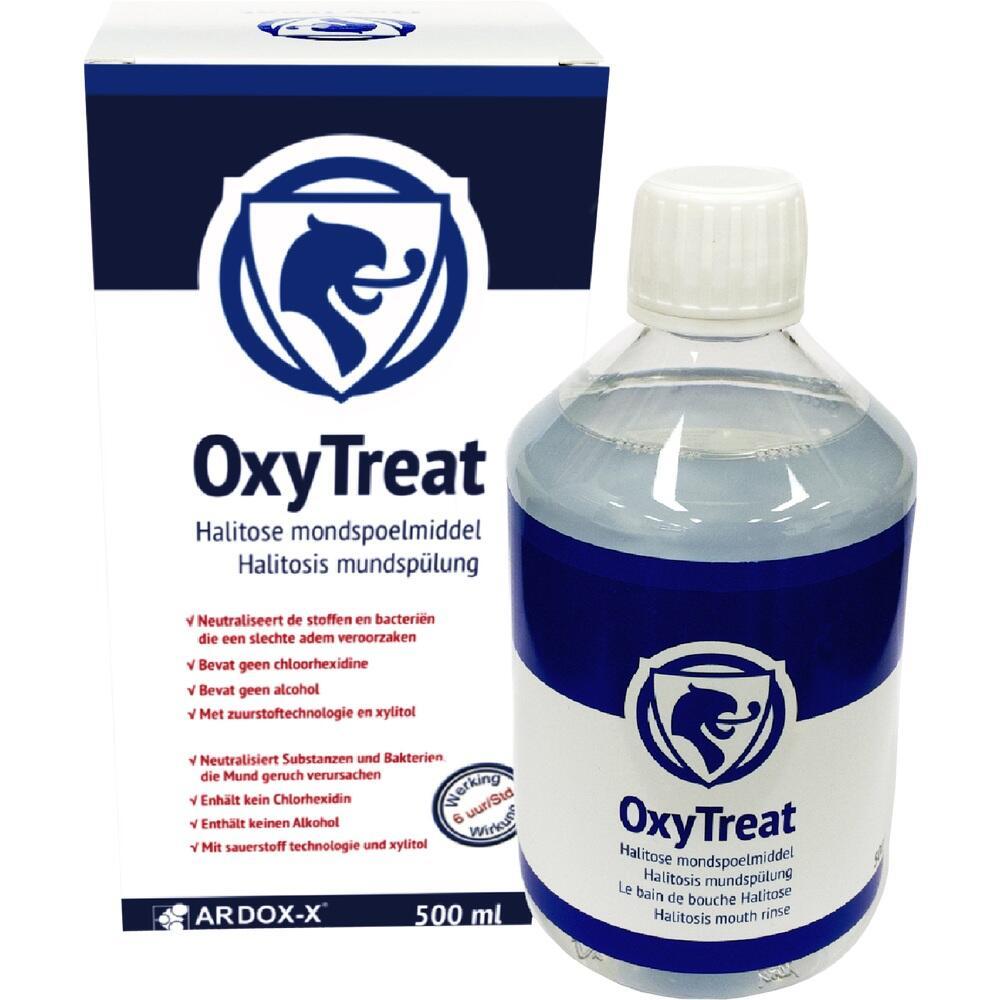 Eine Flasche und Schachtel Mundsp&uuml;lung namens OxyTreat gegen Mundgeruch.