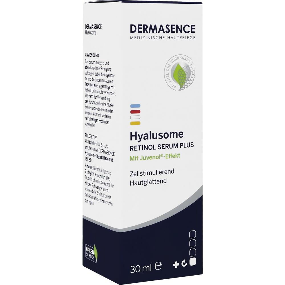 Wei&szlig;e Schachtel mit der Aufschrift "Hyalusome Retinol Serum Plus" von Dermasence.