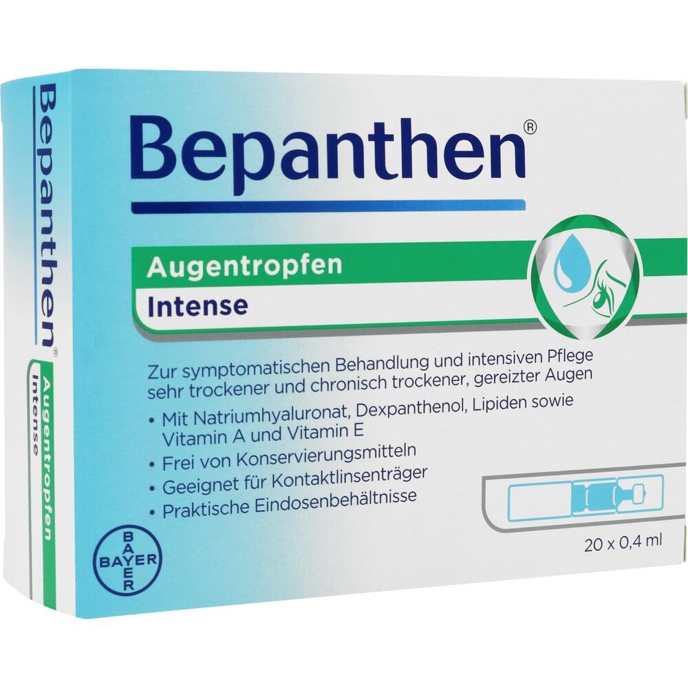 Bepanthen Augentropfen Intense f&uuml;r trockene, gereizte Augen in einer Verpackung.