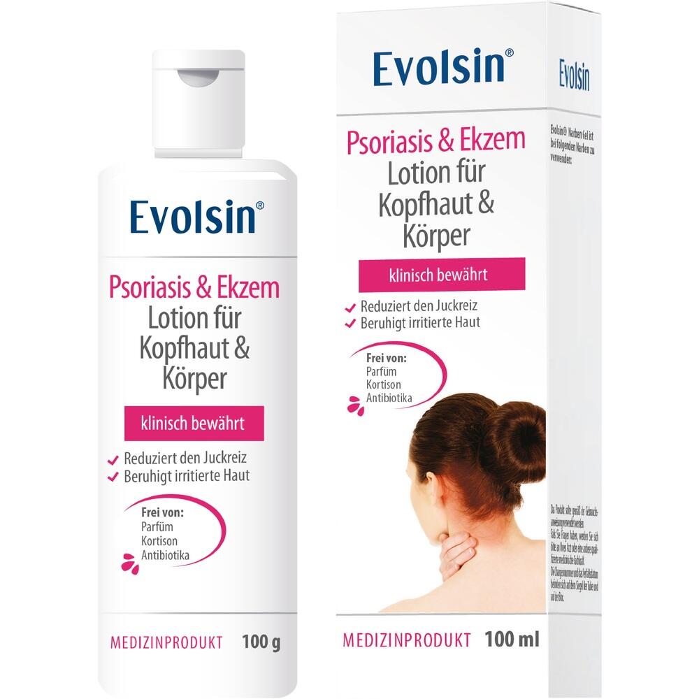 Flasche und Verpackung der Evolsin Lotion gegen Juckreiz bei Psoriasis und Ekzem.