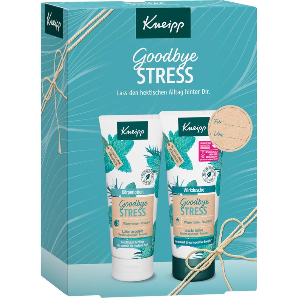 Zwei Kneipp-Produkttuben in einer blau-gr&uuml;nen Geschenkverpackung mit "Goodbye Stress"-Aufschrift.