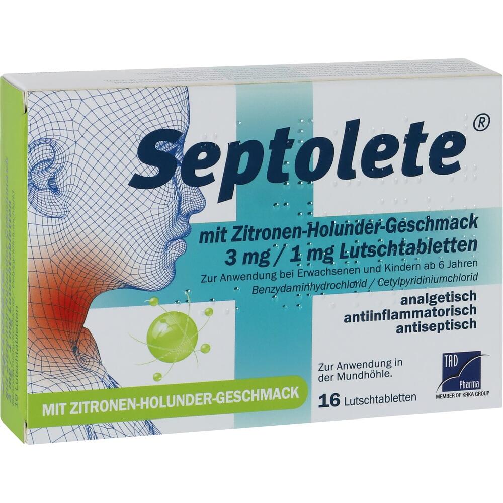 Eine Packung Septolete Lutschtabletten mit Zitronen-Holunder-Geschmack.