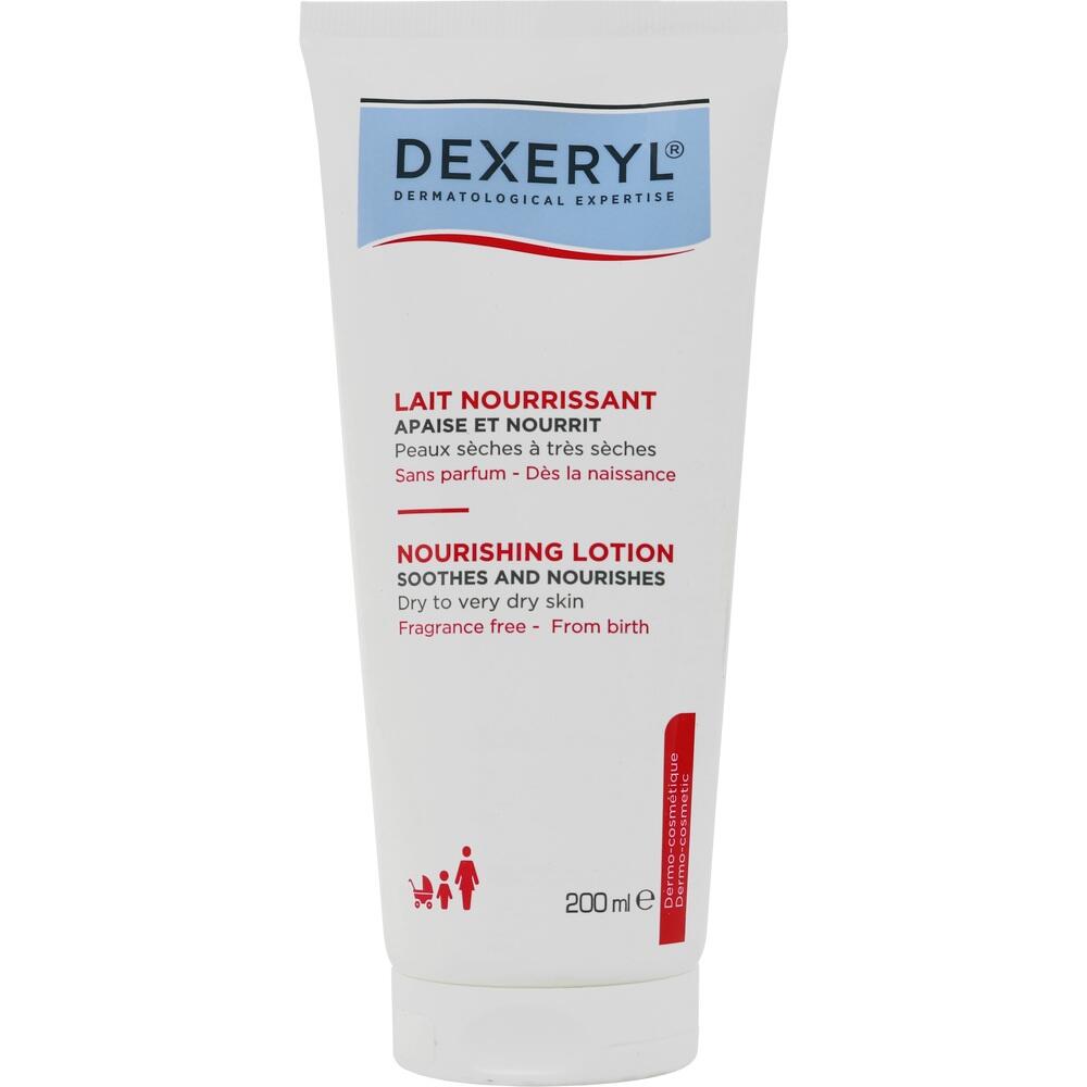 Eine Tube Dexeryl-Lotion f&uuml;r trockene Haut steht aufrecht.