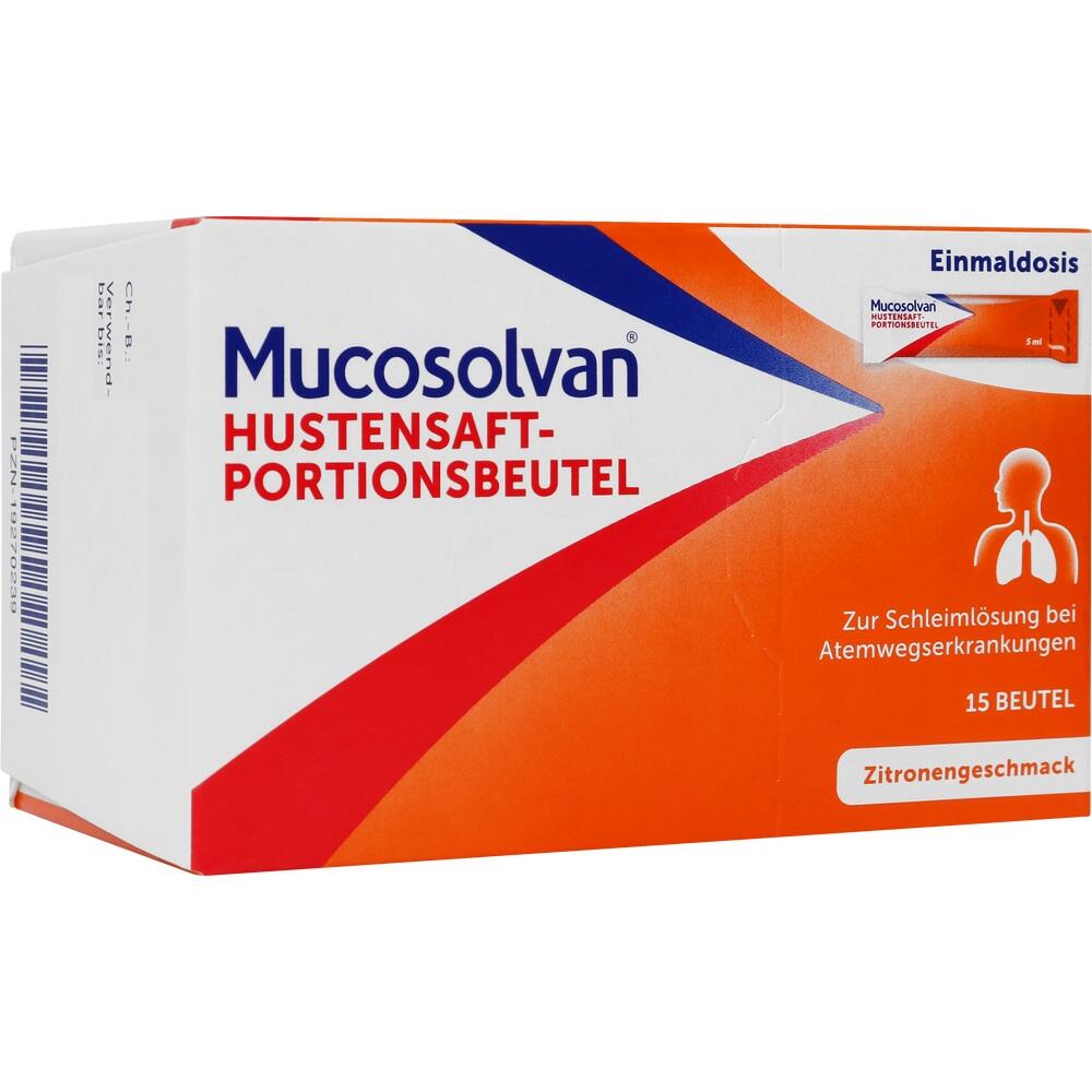 Eine Packung Mucosolvan Hustenportionen mit Zitronengeschmack.