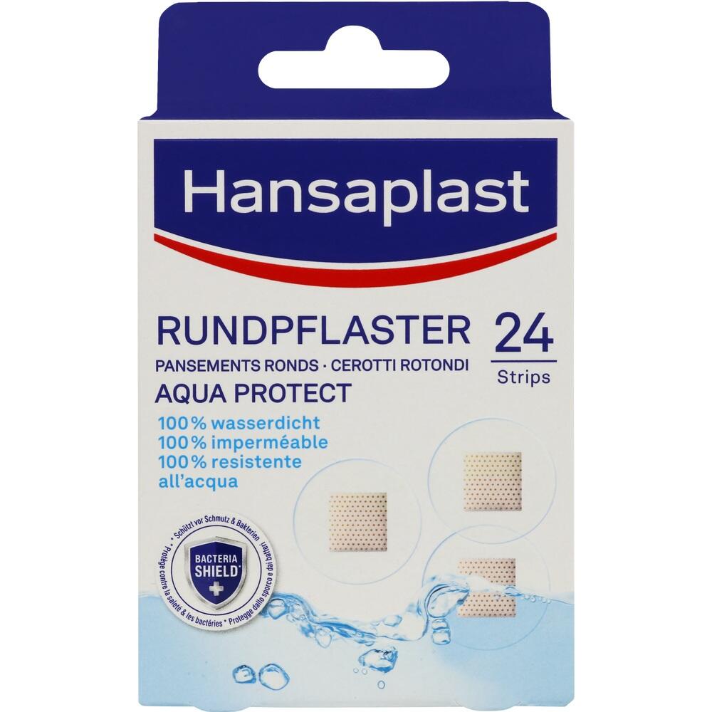 Eine Packung wasserfeste runde Pflaster von Hansaplast mit 24 St&uuml;ck.
