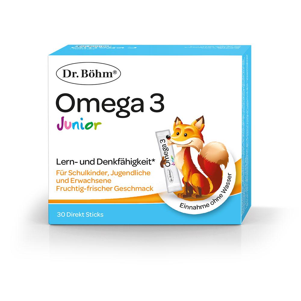 Eine Packung Dr. B&ouml;hm Omega 3 Junior mit einem fr&ouml;hlichen Fuchs.