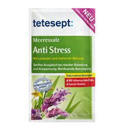 Verpackung von Tetesept Anti Stress Meersalz mit Lavendel und Melisse.